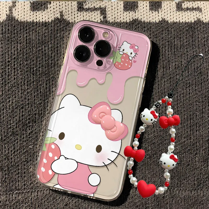 Fun Sanrio Strawberry Hello Kitty Phone Case For iPhone 16 15 14 11 12 13 ProMax XR XS 7 8 Plus Bracelet Transparent Soft Cover