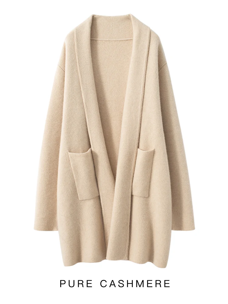 Neue Frauen 100% Kaschmir Pullover Außentasche Taille Gürtel Schwere Kaschmir Strickjacke Herbst Winter Dicke Büro Dame Chic Tops