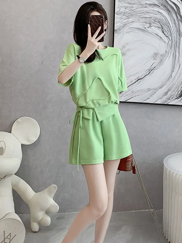 Women's Short Sets 2 Pieces Green Tracksuit Novelty in Ensembles Female Shorts Chic and Elegant Trends Outfit Tailor Fashion Kit