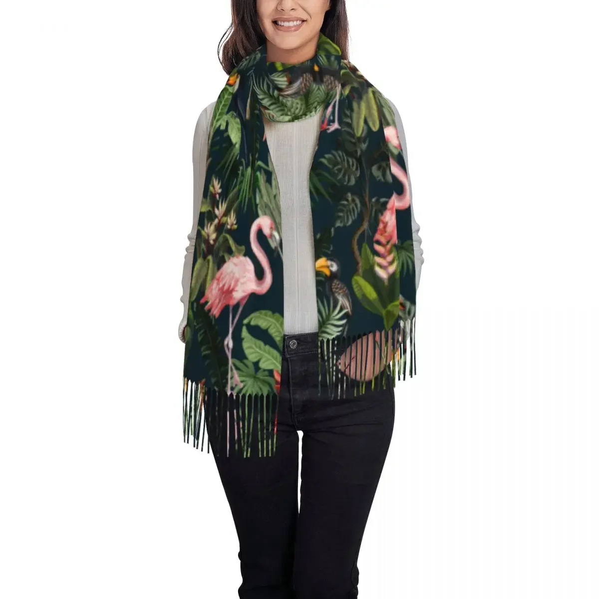 Custom Jungle Pattern With Toucan Flamingo And Parrot Scarf Wrap for Women Long Winter Warm Tassel Shawl Tropical Bird Scarves