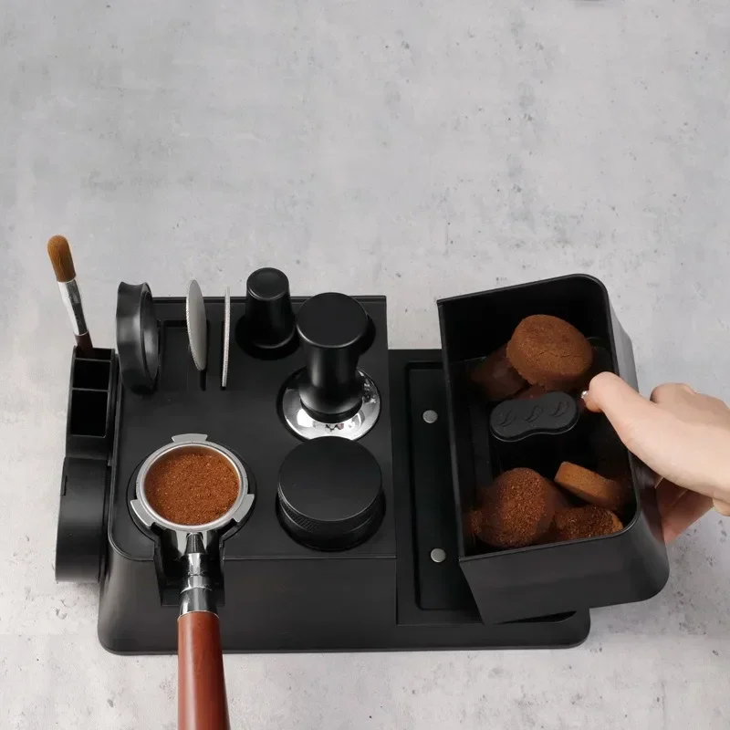 Coffee Tamping Station Stand with Magnetic Knock Box ABS Adjustable Base for Universal Portafilter Holder Espresso Accessories