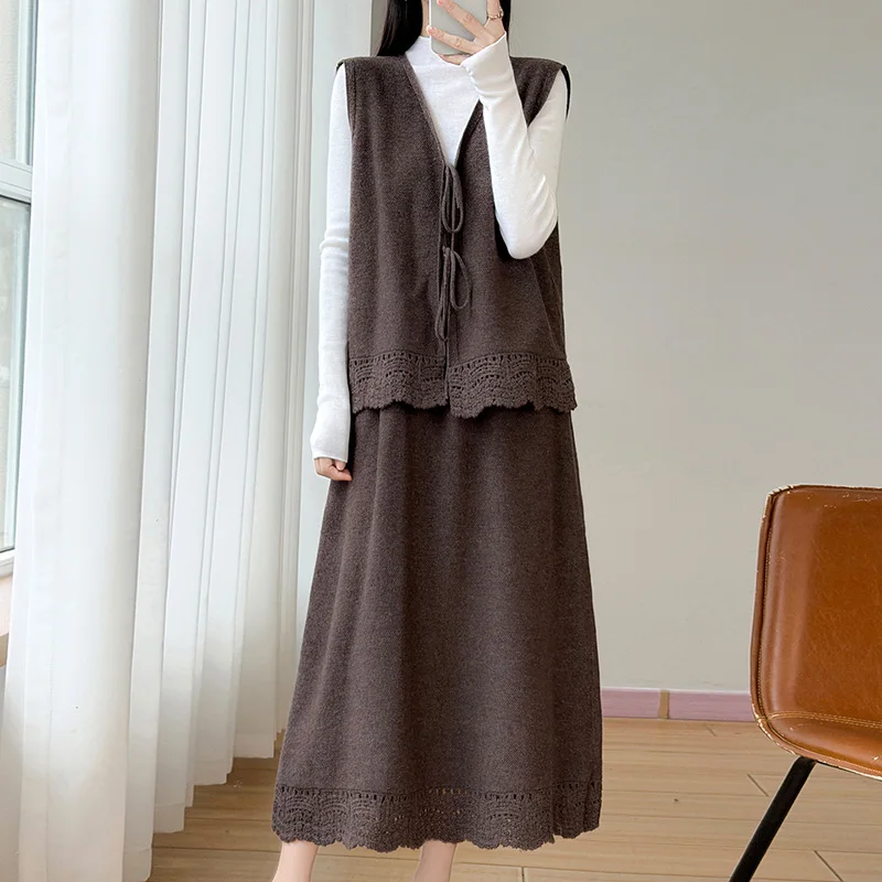Lazy wind 100% cashmere knitted vest set V-neck lace-up hollow skirt two-piece temperament