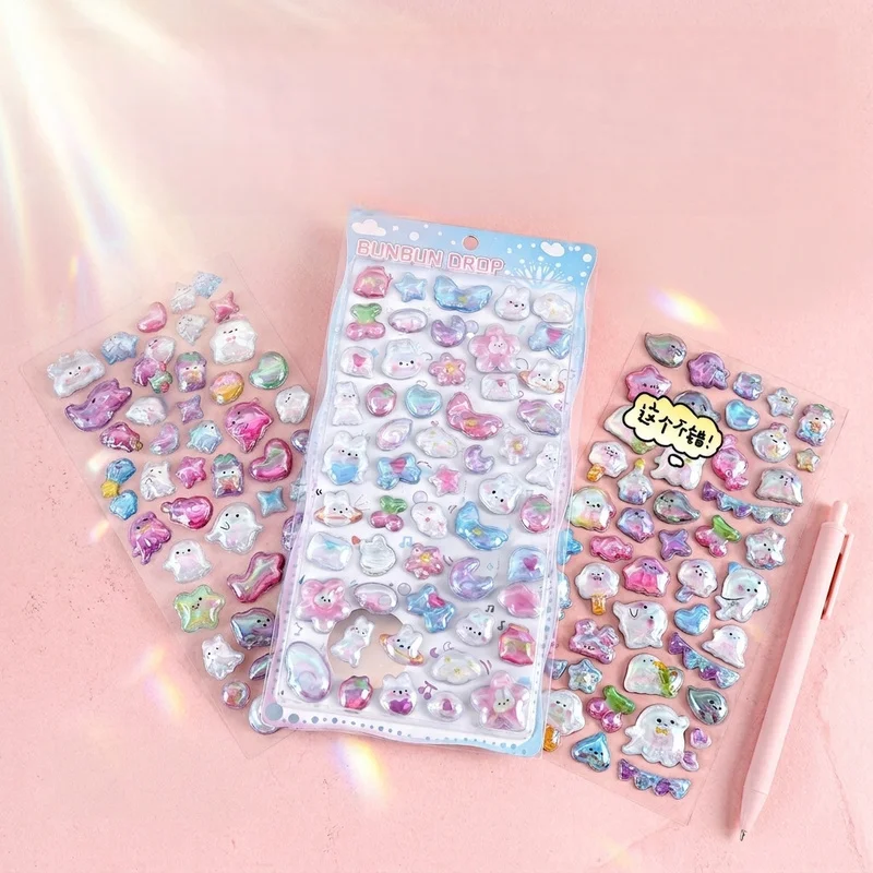 Xunran 3D Embossed Holographic Crystal Bubble Stickers Cute Cartoon Diy Decorative Stickers For Scrapbook Stationery Decoration