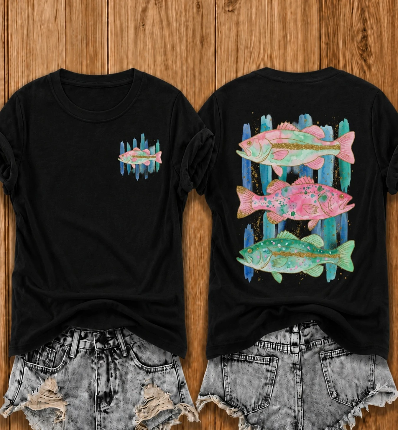 Pastel Fish Print T Shirt Women Double Sided Aqua Blue Stripe Graphic Tee Cute Summer Beach Wear Short Sleeve Fashion Casual Top