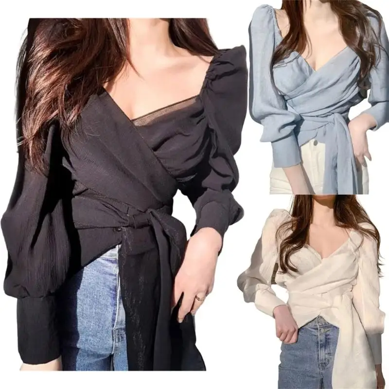 

N7YF Elegant Women's Long Sleeve Shirts V Neck Tshirts Tie Side Casual Sexy Blouses Solid Spring Autumn T Shirts