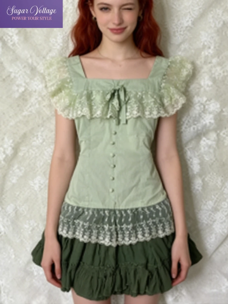 

Французский элегантный комплект из 2 предметов: женский кружевной топ с квадратным вырезом (зеленый) + мини-юбка с высокой талией, винтажный милый наряд, модная популярная одежда