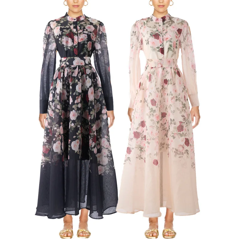 Nuovo set gonna lunga con stampa paisley a vita alta Street Sle Coppia Dr Camel Tessuto per capelli Motivo floreale Dettaglio bottoni