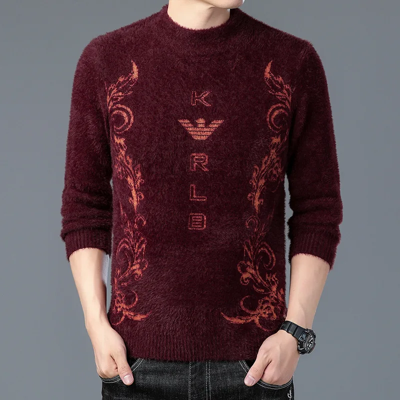 Winter Men's Half-High Collar Sweater Mink-like Wool Thickened Thermal Knitting Base Shirt Solid Color Sweater