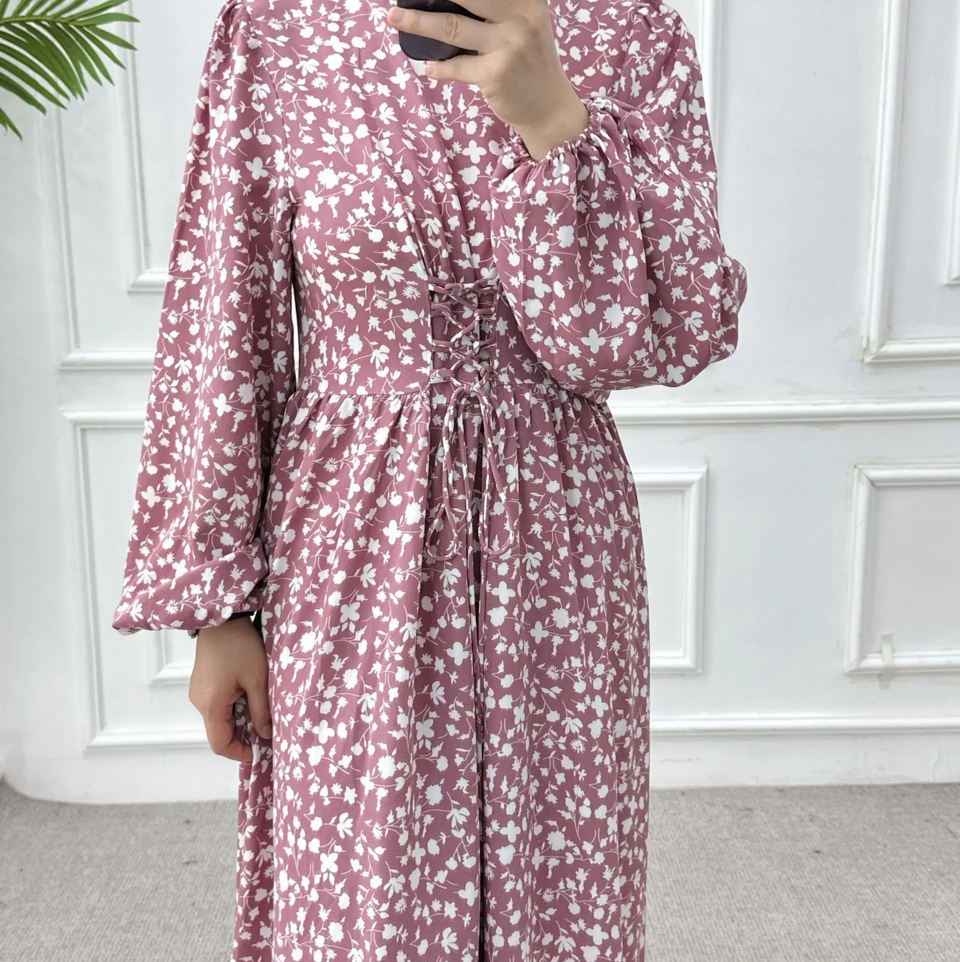 6 Colors Fashion Luxury Lace Up Muslim Abaya Dress Elegant Flower Printed Dress Waist and Ankle Length Printed Long Dresses