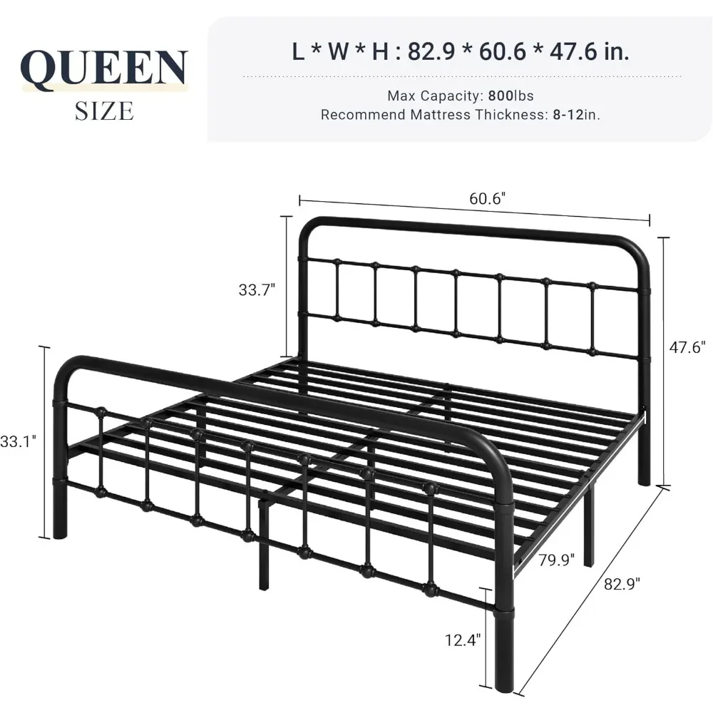 Queen Size Metal Plataforma Bed Frame, estilo vitoriano Cabeceira de ferro forjado, Footboard, sem caixa Primavera necessária, preto