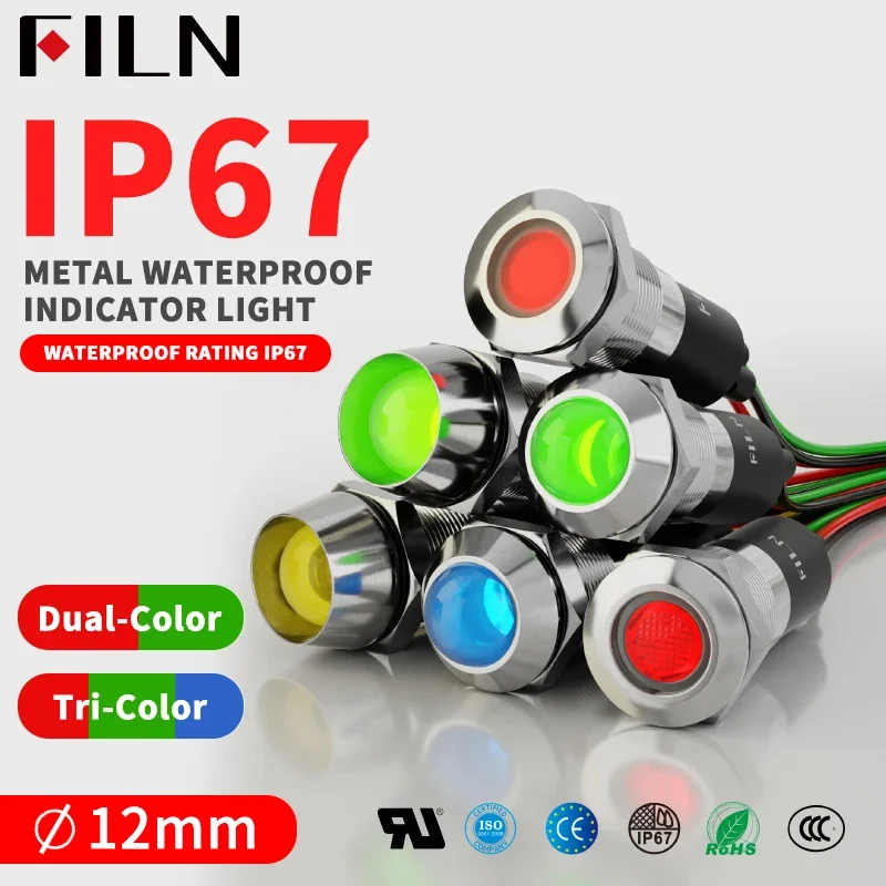 FILN 12mm Led Indicator Light CE UL Certification 12V 24V Metal Signal Lamp Two-Pilot Light Red Green Blue Yellow