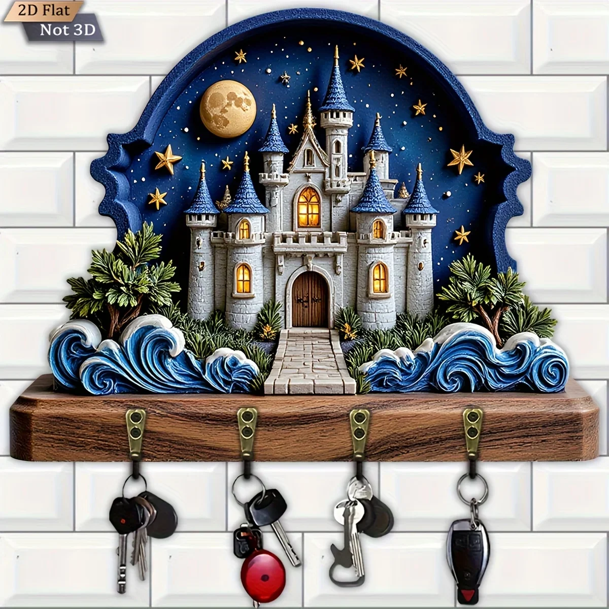 2D Flat, 1pc, Starry Night Fairy Tale Castle Theme Key hook, Wooden Multifunctional Home Key Holder with Four Metal Hooks, Wall