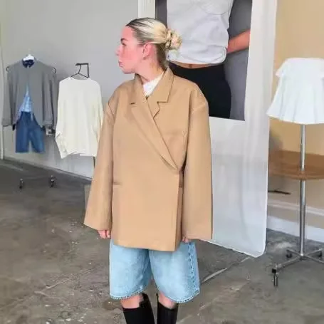 Loose Elegant Grey Asymmetric Blazer Women Lapel Long Sleeve Split Suit Jackets 2025 Autumn Winter Lady Fashion Outwear Street