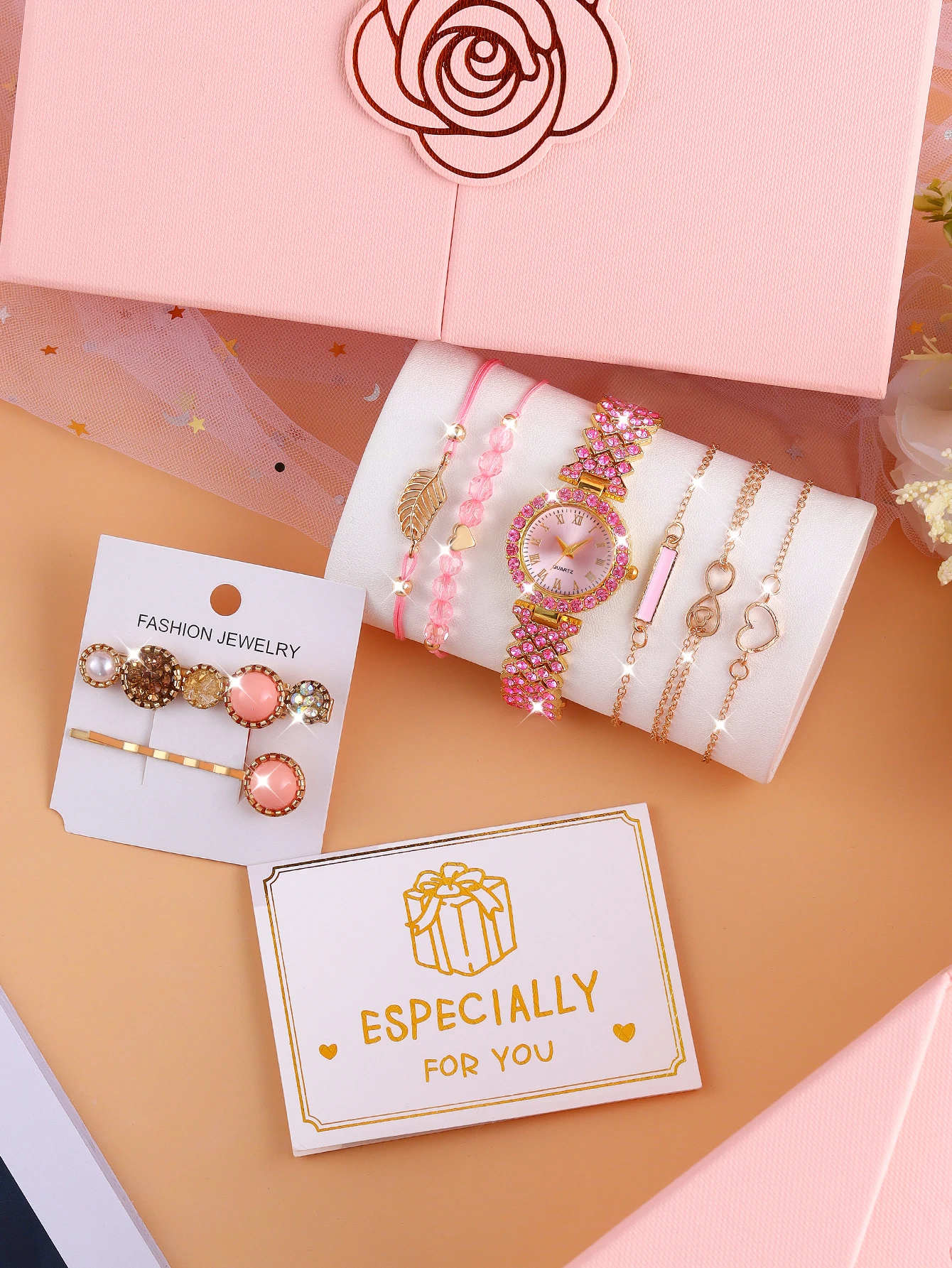 Relógio quartzo rosa e pulseira de cabelo, presente magnético para meninas, seleção de temporada de volta às aulas