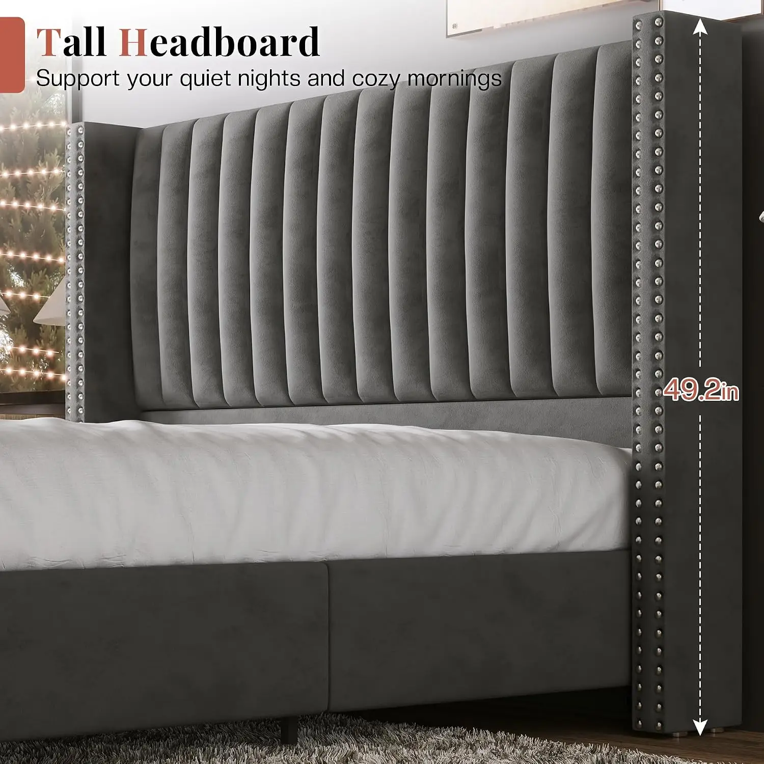 Velvet Upholstered Wingback Queen Bed Frame with Tufted Headboard, Grey, Customized