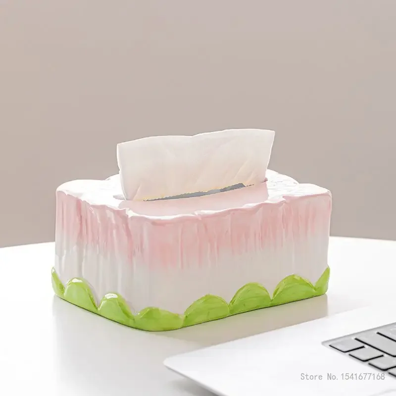 Creative Tulip Ceramic Tissue Box Cartoon Home Desk Work Desk Bedside Living Room Decoration High Aesthetic Value Paper Box, 1Pc