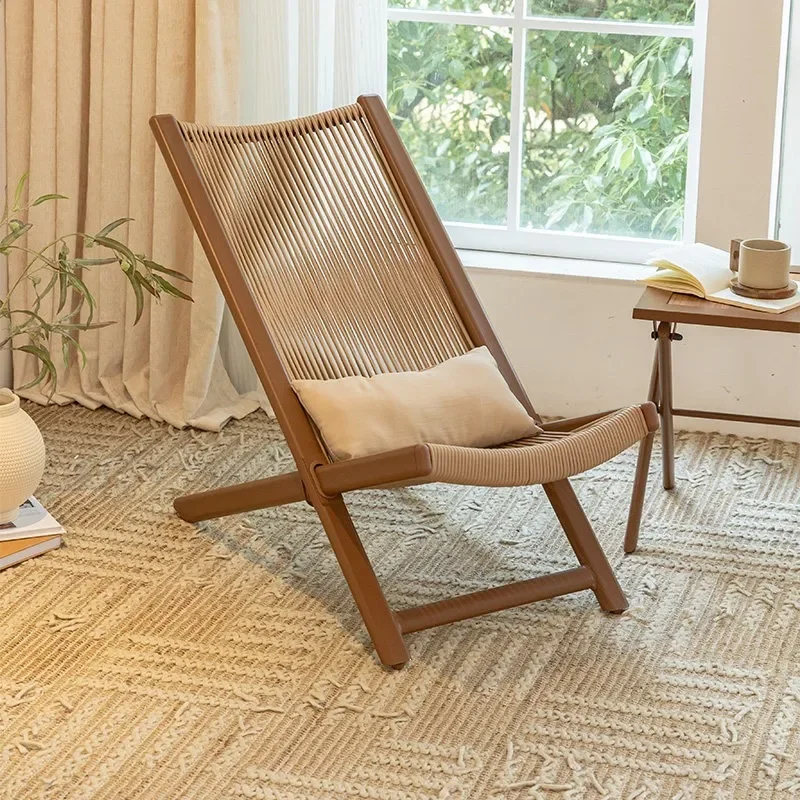 Foldable Rattan Recliner Outdoor Balcony Lounge Chair Portable Dual Purpose Nap Seat for Home Leisure
