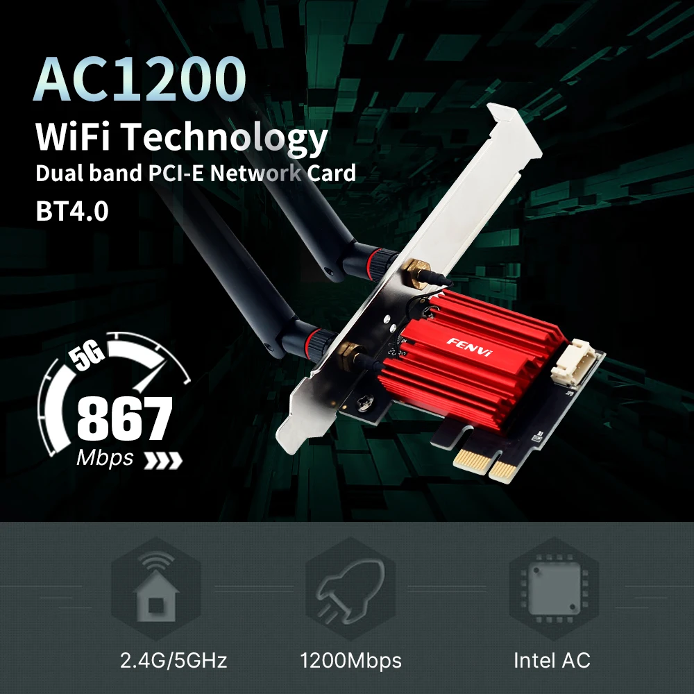 fenvi 1200Mbps Wifi PCI-E Wireless Adapter Bluetooth 4.0 Dual Band 2.4G/5GHz AC1200 Network Card for Desktop PC Win 7/8/10/11