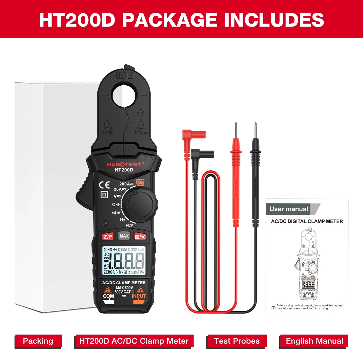 HABOTEST HT200D Digital Clamp Meter 2000 Counts True RMS NCV 600V Voltage 200A DC/AC Current Multimeter Clamp Current Meter