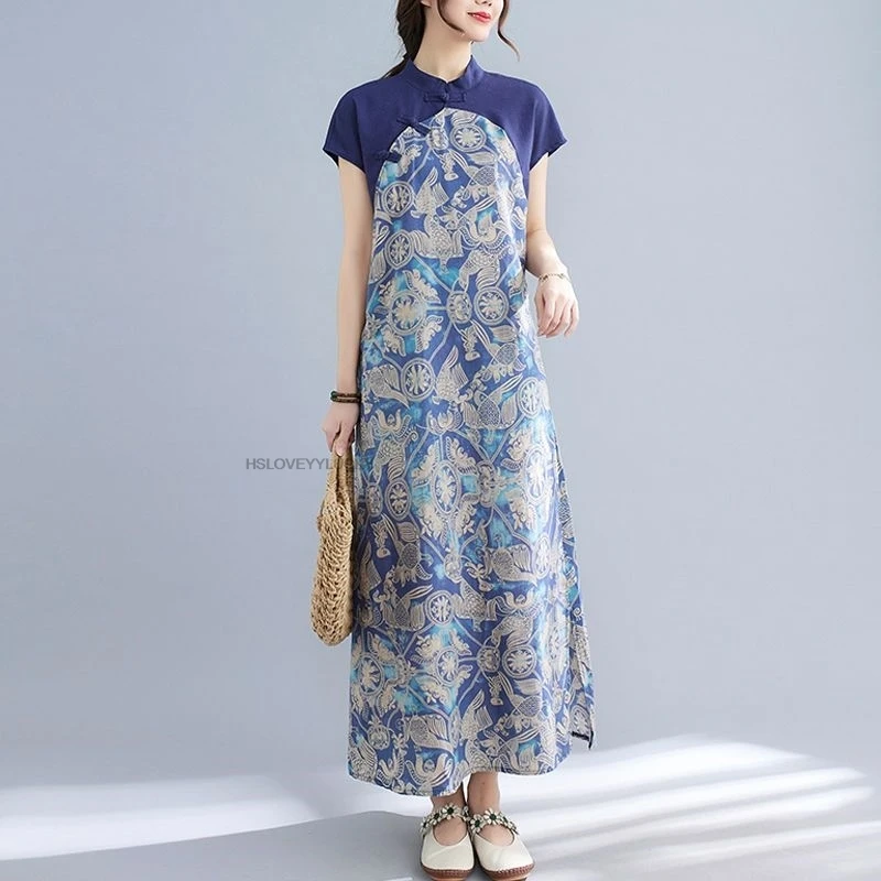 

Vintage Embroidery Chinese Style Improved Cheongsam Dress stand-up Collar National Style Comfortable Retro Loose Dress