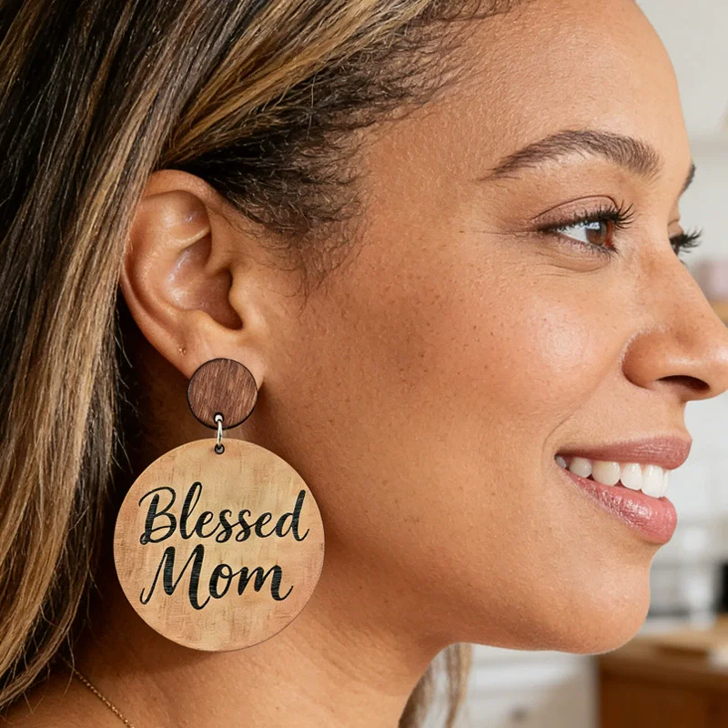 12 Pairs New Mother's Day Earrings Wooden Mom Thanks for Warm Text Texture Earrings Forest Series Geometric Earrings Gifts