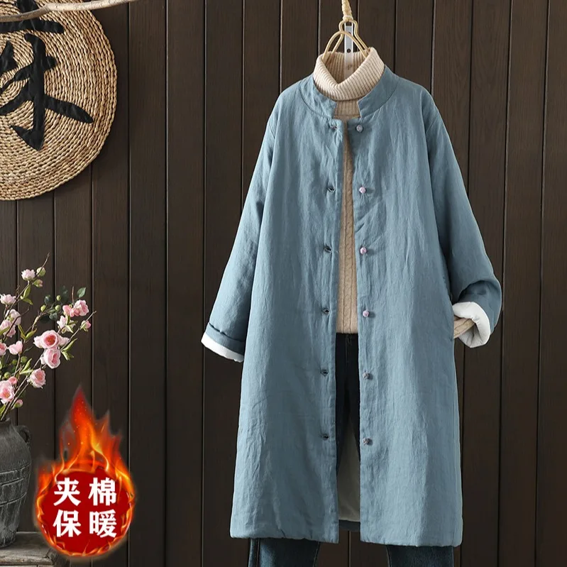 

Thiened Cotton Linen Jaet Mid-Length Women's Coat Button Design Winter Warm Outerwear Long Sve Stand Collar Color