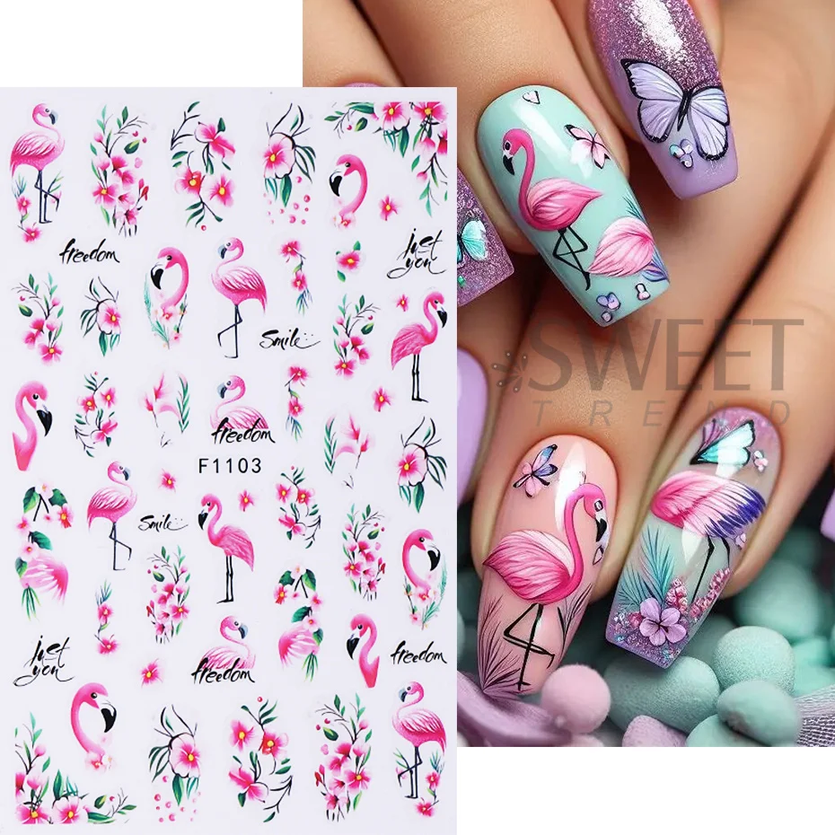3pcs Pink Flamingo Nail Stickers Summer Flamingo Flowers Leaves Self-Adhesive Nail Decals Slider DIY Manicure Decor Accessories