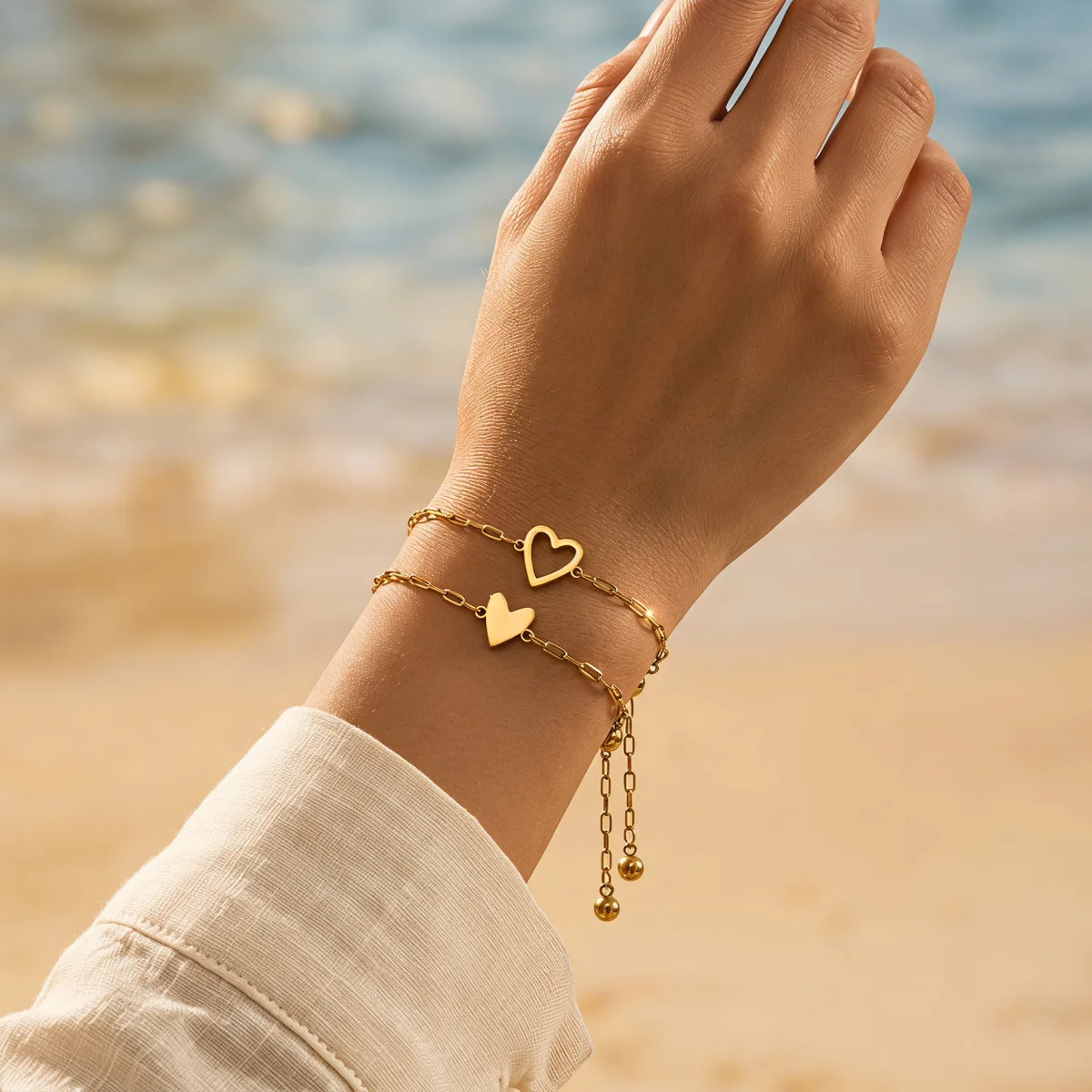Double Layer Golden Chain Bracelet, Hollow & Solid Heart Charms Adjustable Dainty Stackable Wrist Jewelry for Women