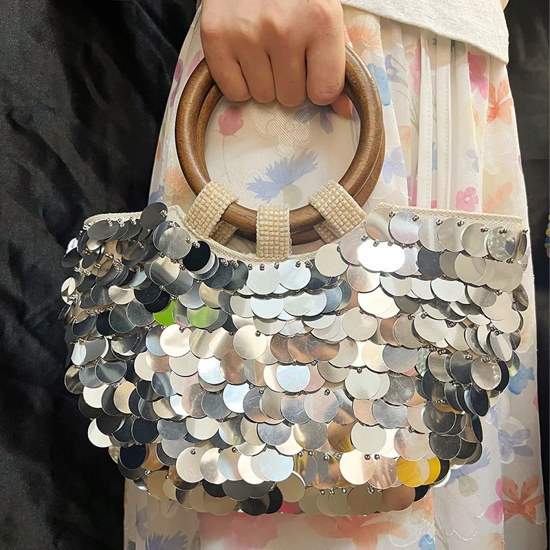 

Luxury Shining Sequins Evening Bags for Women Handmade Beading Handbag Round Wooden Handle Wedding Clutch Half Moon Women's Bag