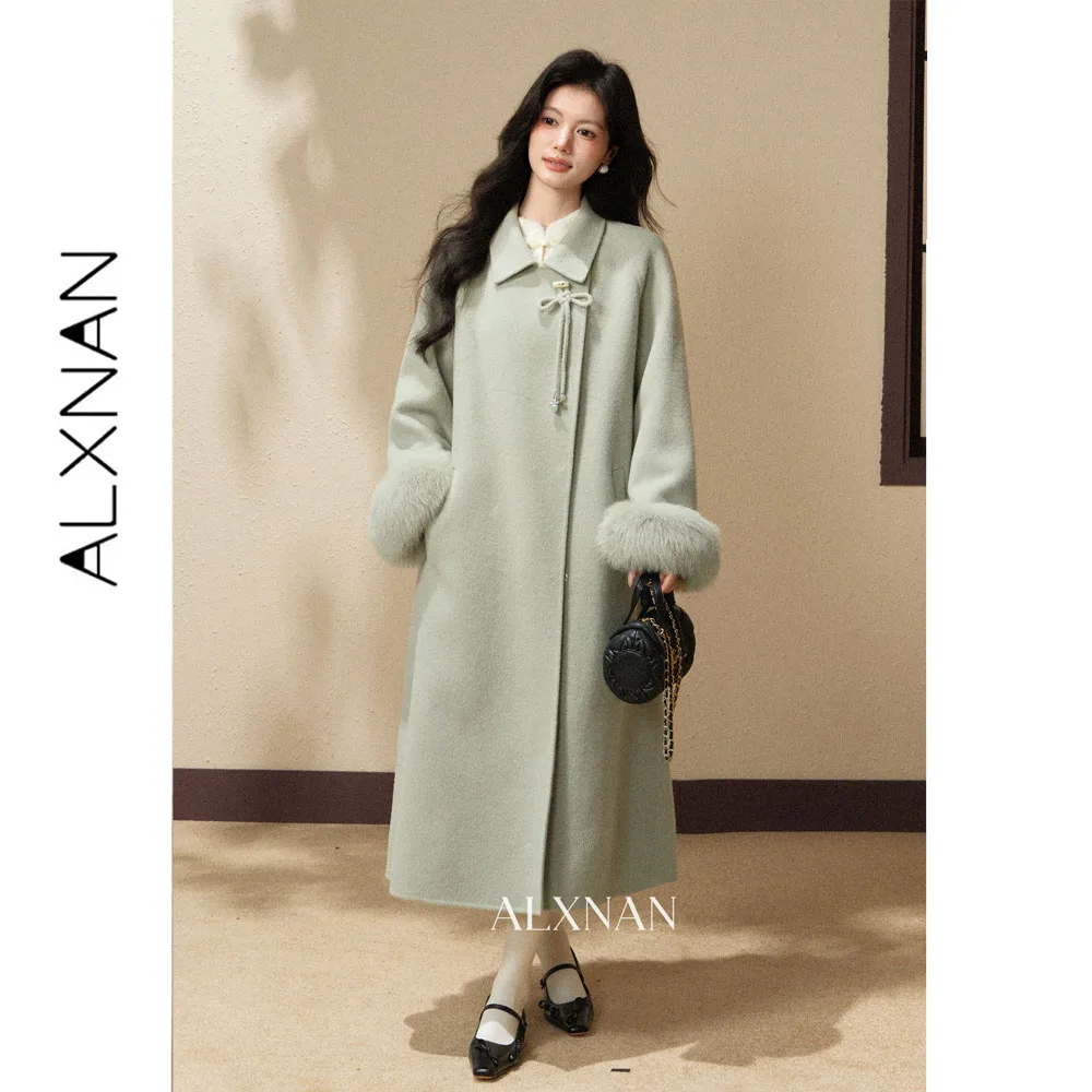 ALXNAN 100% Merino Wool Green Wool Coat Women 2026 Autumn Winter Fashion Elegant Long Overcoat Warm Female Outwear L68509