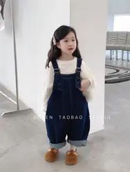 Boys Girls Denim Jumpsuit Blue Loose Wide Leg Suspender Jeans Spring Autumn Casual Overalls Children Casual Romper Pants