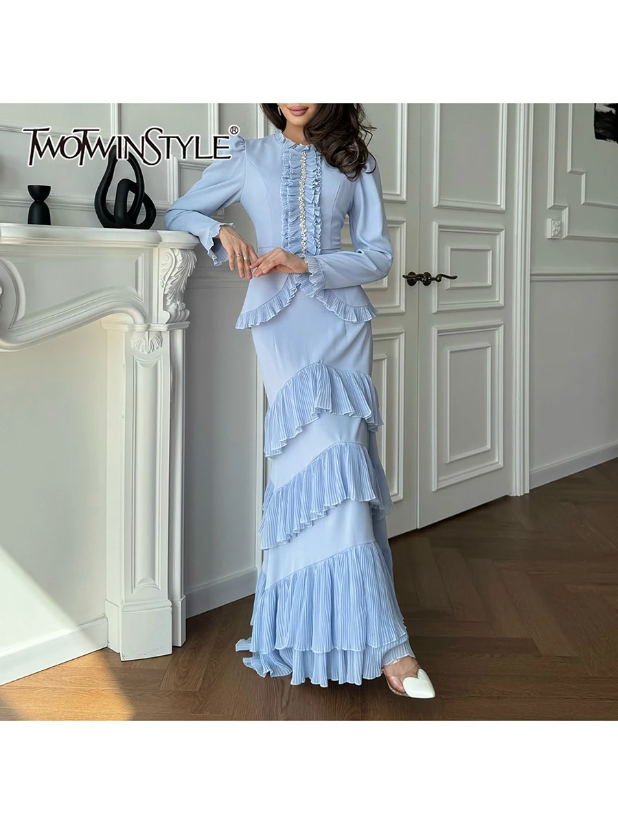 

TWOTWINSTYLE Chic Two Piece Set for Women O Neck Long Sleeve Spliced Fungus Irregular Hem Top High Waist Long Skirt Suit Female