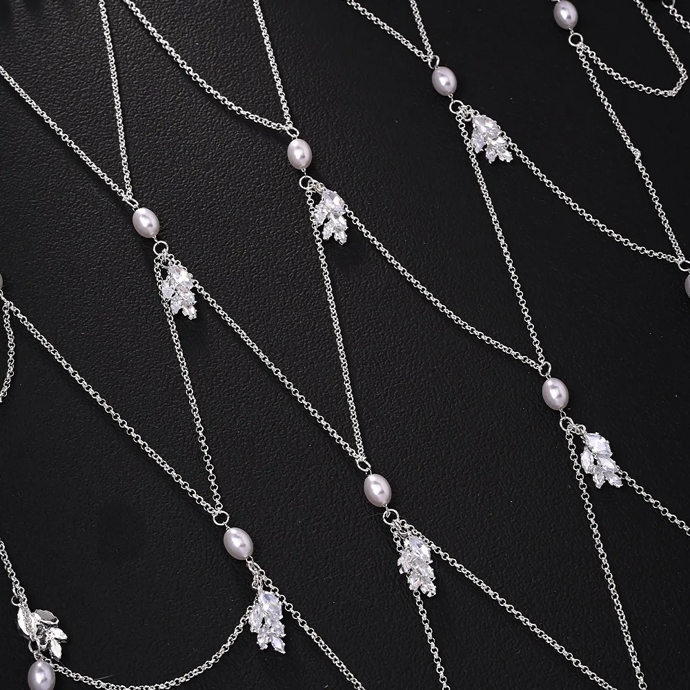 Marquise Cut Zircon Leaf Hair Net Luxury Bridal Chandelier Tassel Back Crown Radiant Diamond Look Wedding Styling Ornament view 6