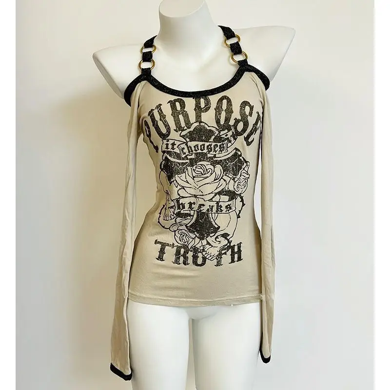 

Футболка в американском стиле с принтом «Spicy Girl», с длинными рукавами, открытыми плечами и открытой спиной, в стиле Y2K, облегающая, в стиле Харадзюку, с завязками на шее, шикарная.