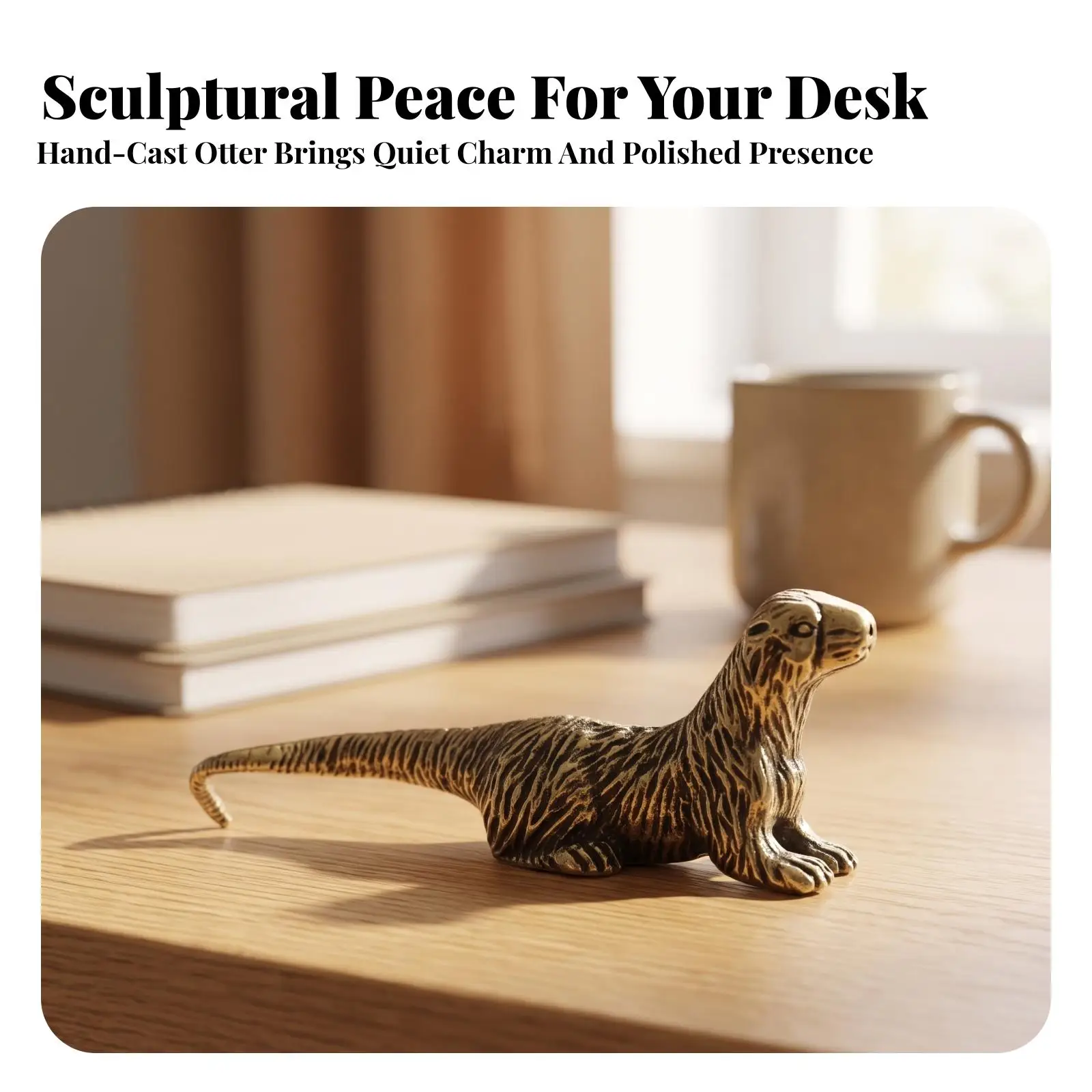 2xHandcrafted Otter Figurine | gilded Gold Finish, Detailed Textured Surface, Brass Otter, for Desk