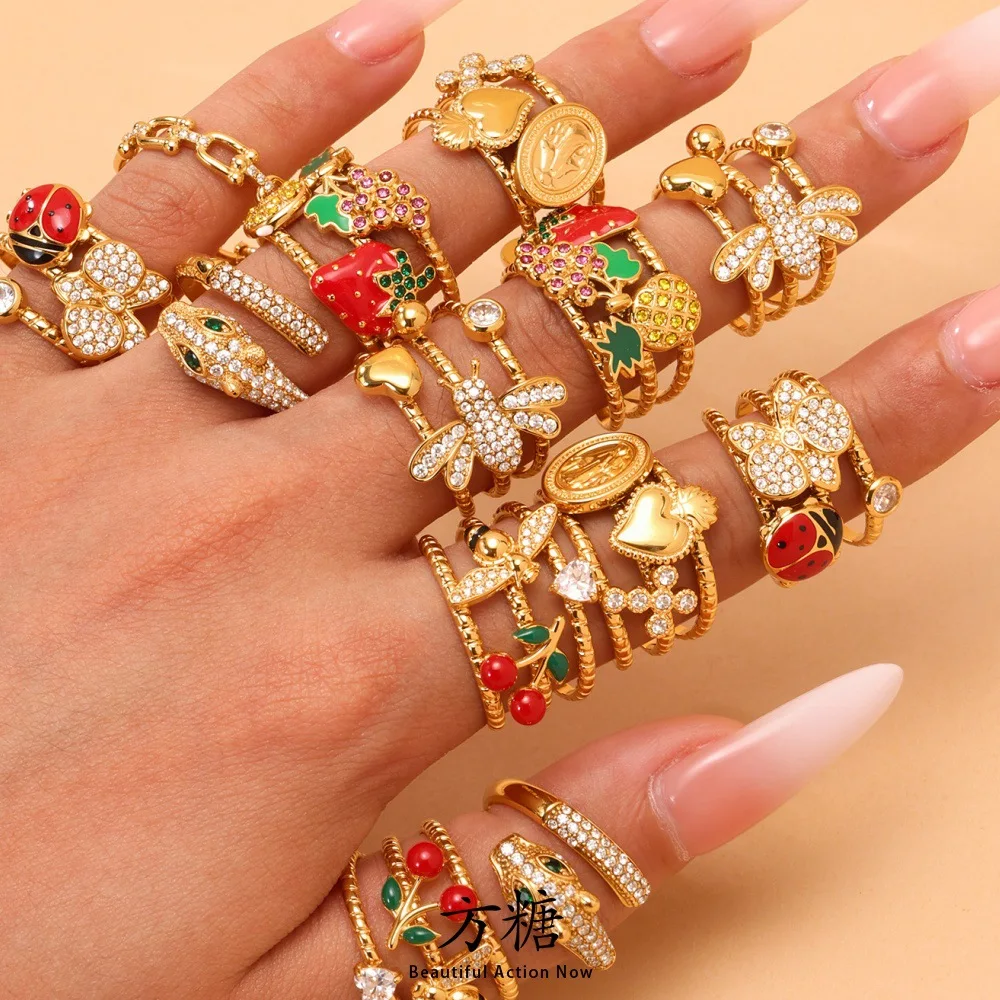 TOSOKO Stainless Steel Jewelry With Zrcon Inlay Cute Ladybug Strawberry Ring Open Ring Fashionable Accessory A754