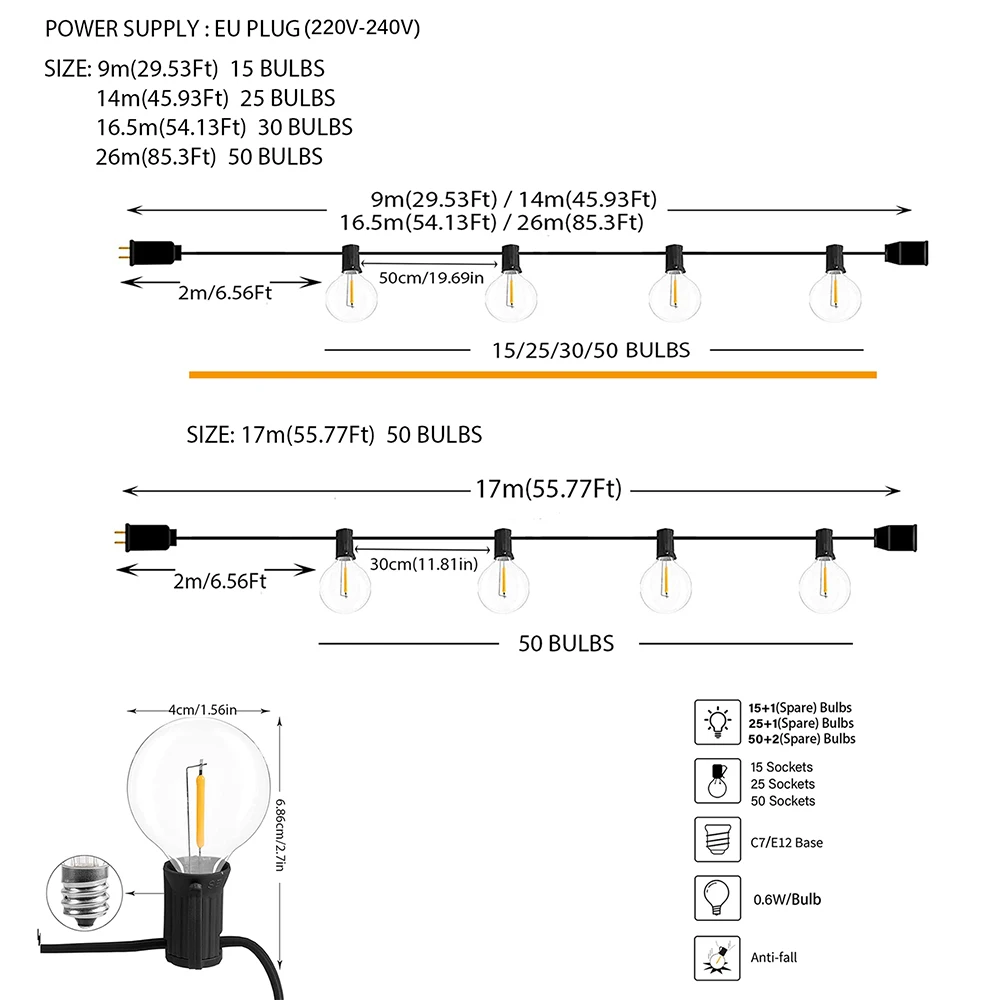 110V/220V zewnętrzne łańcuchy świetlne LED G40 girlanda wróżka Patio girlanda lampa ślubna ulica Camping ogród strona dekoracji światła