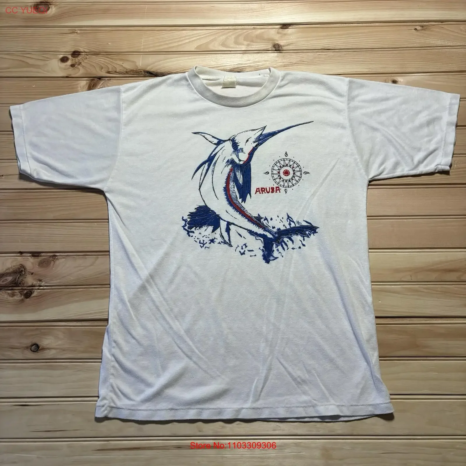 Винтажная футболка 80-х годов Aruba Sailfish Marlin Compas Ocean Waves Wildlife, большой размер, винтажный потертый мужской топ для повседневной носки