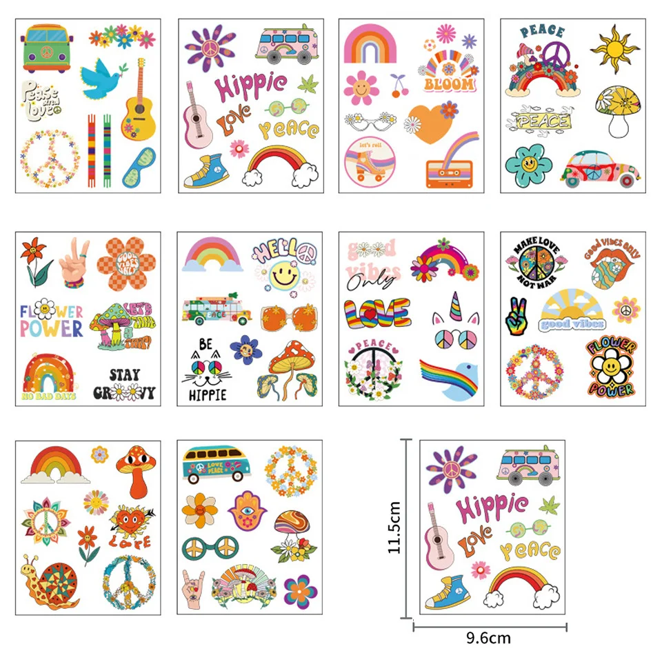 10pcs Hippie Tattoo Sticker Waterproof  Flower Smiling Face Rainbow Stickers for Hippie Wedding Birthday Party Decorations