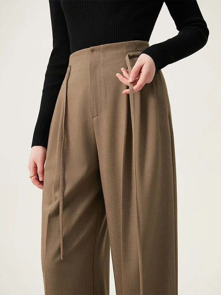 FSLE Designed Commuting Straight Casual Pants for Women 2024 Spring New Waist Drawstring Long Trousers Female 24FS11109