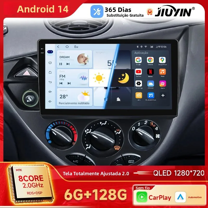 Rádio Automotivo de 9 polegadas com Carplay e Android Auto para Ford Fiesta 1995-2001 Focus Mk1 1998-2004 com Comando por Voz AI, GPS, FM, 2 din Autoradio