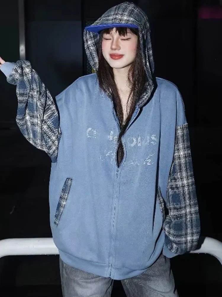 American Streetwear Hoodies Fake Two Piece Plaid Patchwork Pockets Sweatshirts Y2k Punk Gothic Coats Harajuku Women's Clothing