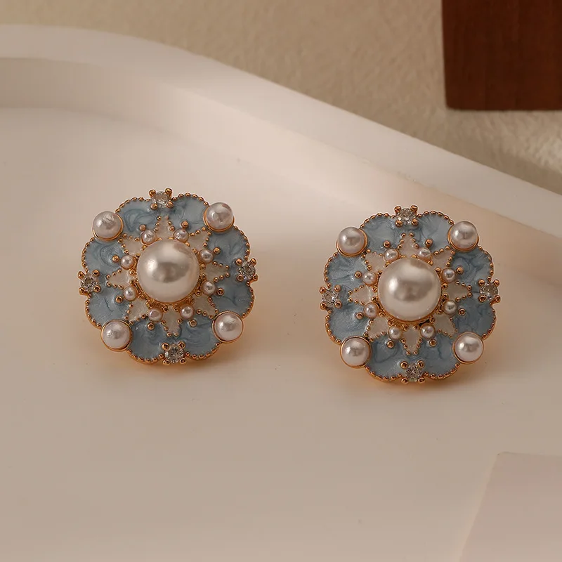 Fashion Jewelry Elegant Temperament Simulated Pearl Blue Flower Earrings For Female Girl Gift