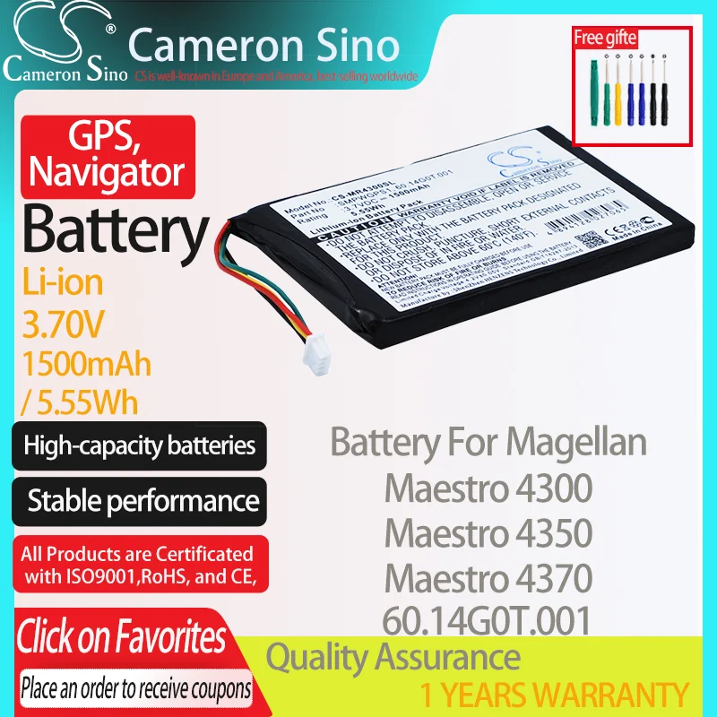 CameronSino Battery for Magellan Maestro 4300 Maestro 4350 Maestro 4370 fits Magellan 60.14G0T.001 GPS,Navigator battery 1500mAh