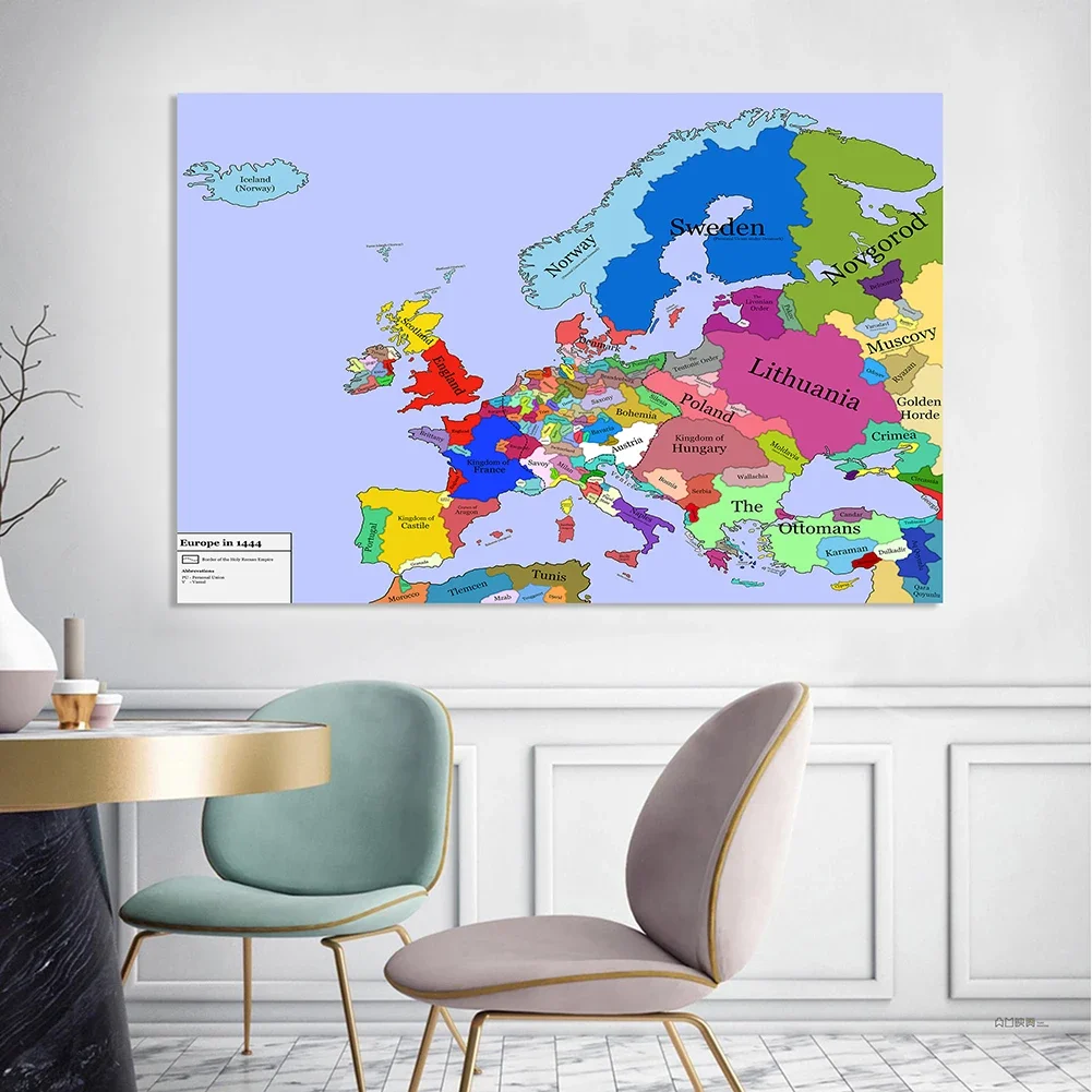 225*150 cm The Europe Vintage Map In 1444 Large Poster Retro Non-woven Canvas Painting School Supplies Home Decoration