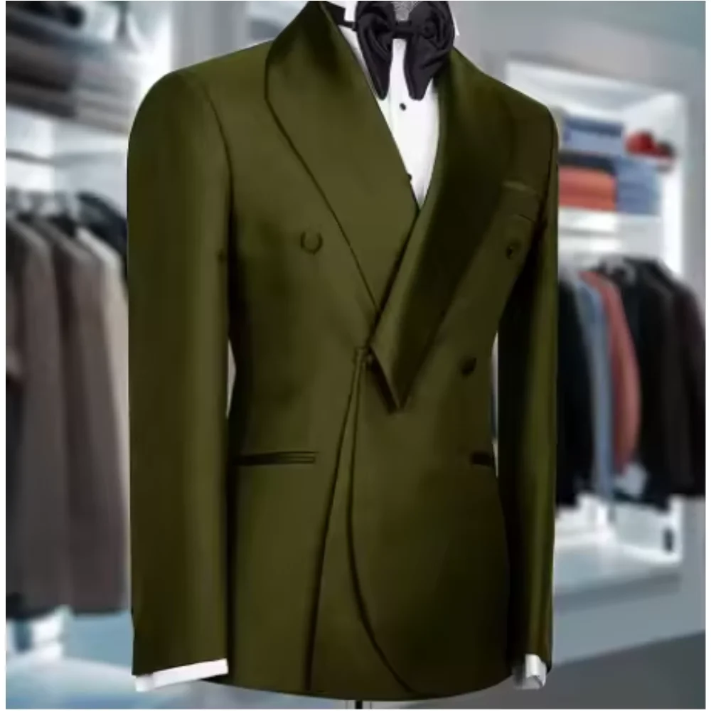 

Army Green Men Suits Shawl Lapel Formal 2 Pieces Jacket Pant Double Breasted Business Casual Groom Wedding Party Blazer Tuxedos
