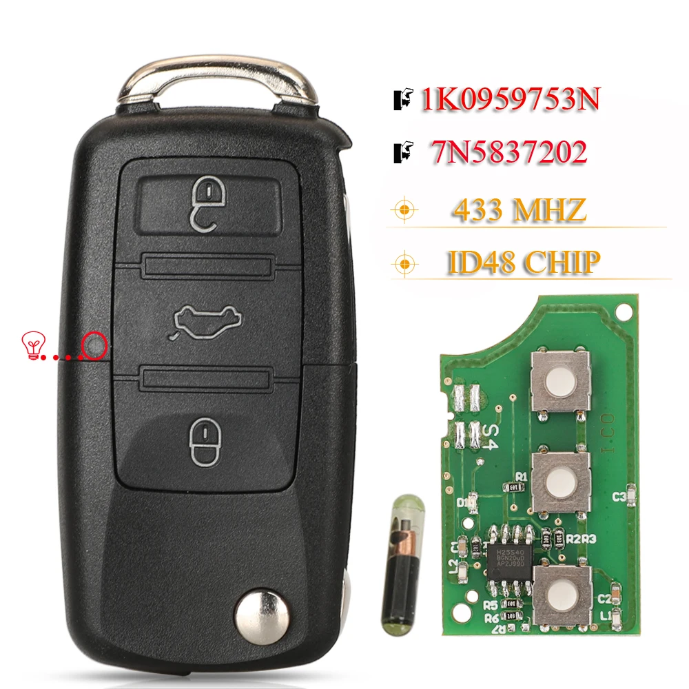 jingyuqin Smart Car Key Fob 433MHZ ID48 1K0959753N 7N5837202 For VW PASSAT Skoda Fabia Octavia CADDY GOLF POLO HU66 Blade