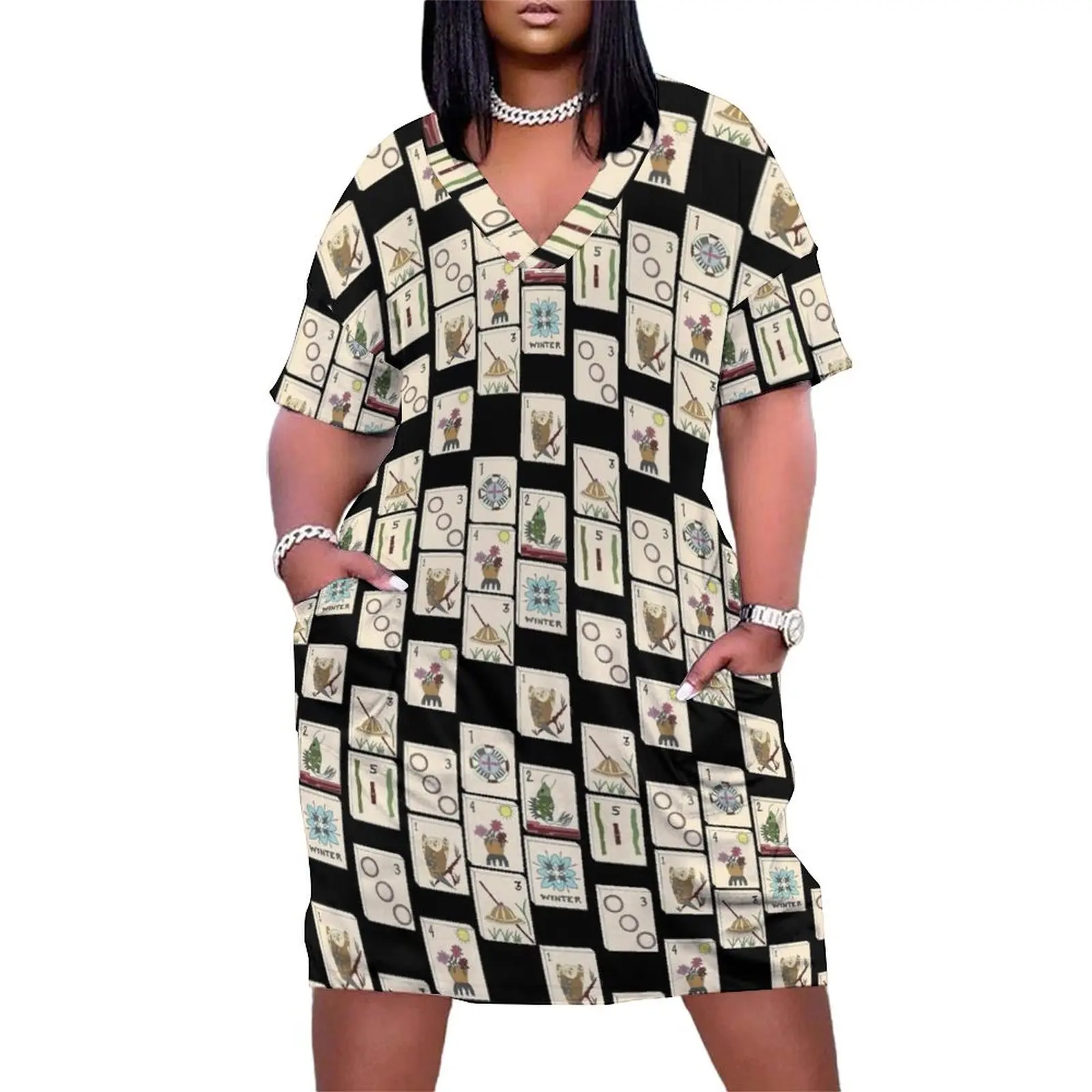 Mahjong Majong Black Tile Pattern Loose Pocket Dress women