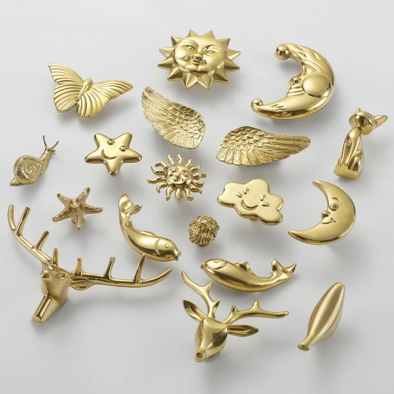 Gold Furniture Handle Door Knobs Solid Brass Animal Cat Deer Shape Single Hole Handles for Cabinet Kitchen Cupboard Drawer Pulls