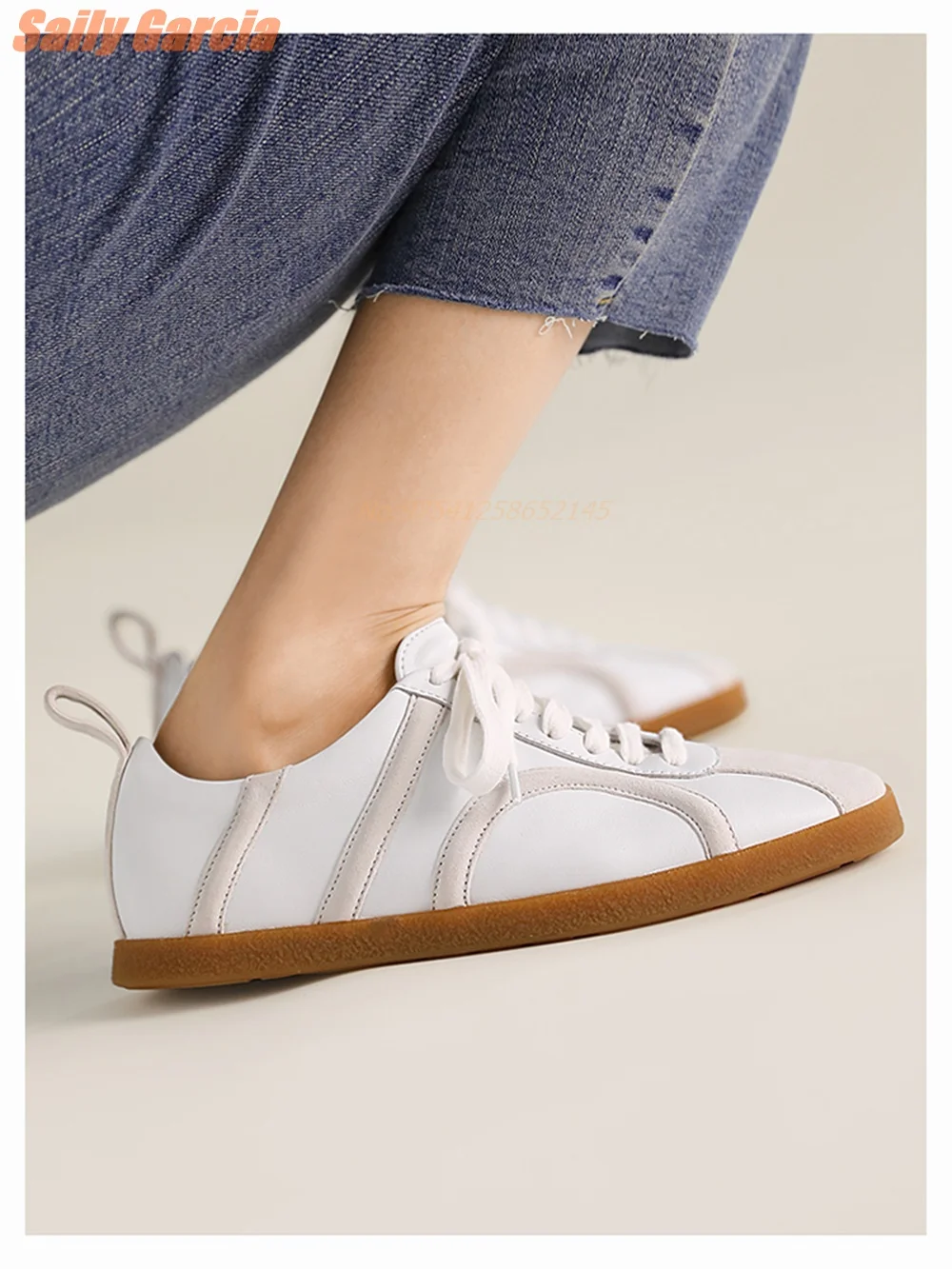 

Flat Genuine Leather Pumps White Lace -Up Retro Women's Sneakers Mules Top Quality Daily Leisure Fashion Concise 2024 New